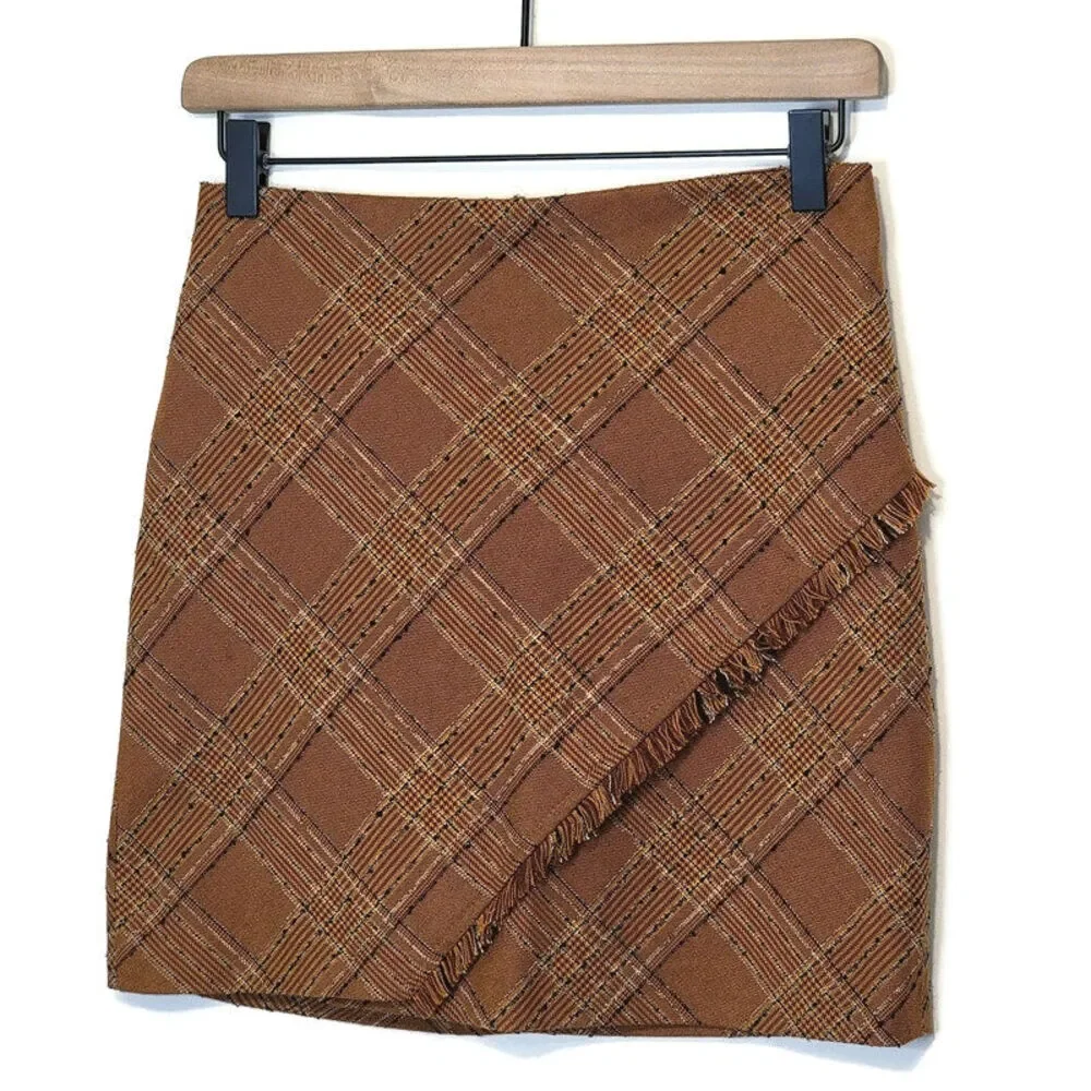 Free People Plaid Tweed Brown Mini Skirt Fringe Boho Preppy Fall Size 0